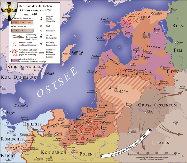 Chronologie de l'ordre teutonique sous forme de carte entre 1260 et 1410