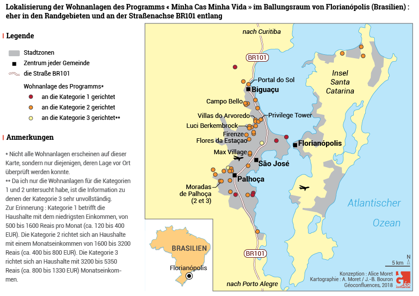 carte de localisation des ensembles résidentiels du programme "Minha Casa Minha Vida" dans l'agglomération de Florianopolis au Brésil