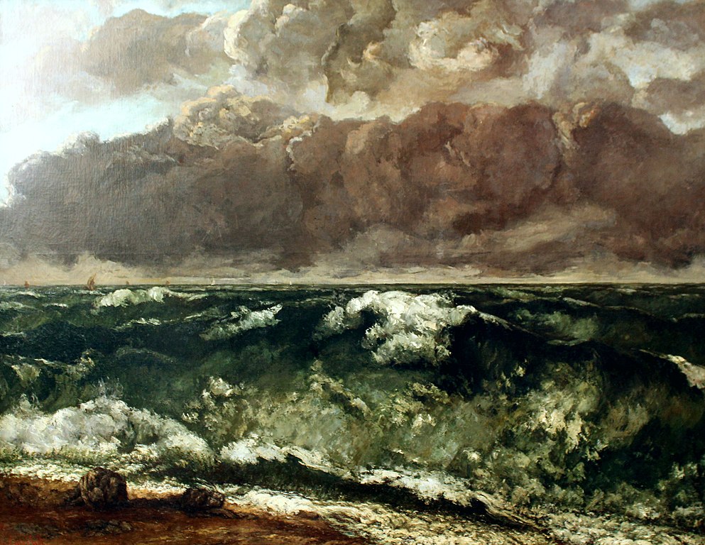 Tableau de Gustave Courbet représentant un paysage de bord de mer, des vagues dans des nuances de vert sont surplombées par un ciel empli de nuages gris foncé, annonciateurs de pluie