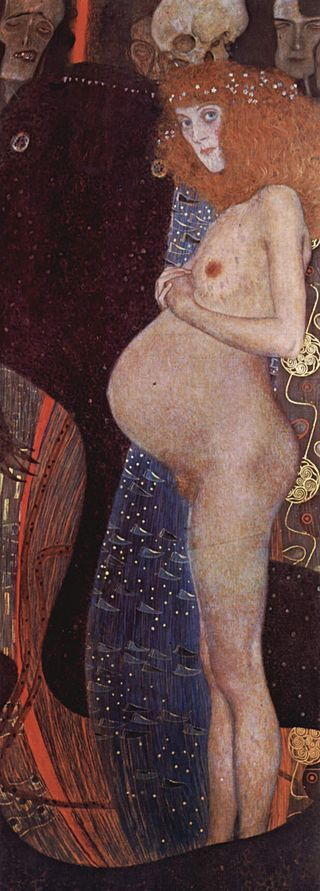Eine schwangere Frau steht nackt vor einem stylisierten Wasserstrom. Im Hintergrund lauert der Tod und die Krankheit im Dunkeln. Die Frau ist rothaarig und nackt, man sieht ihr riesiger Bauch von der Seite, doch sie schaut den Zuschauer direckt an.
