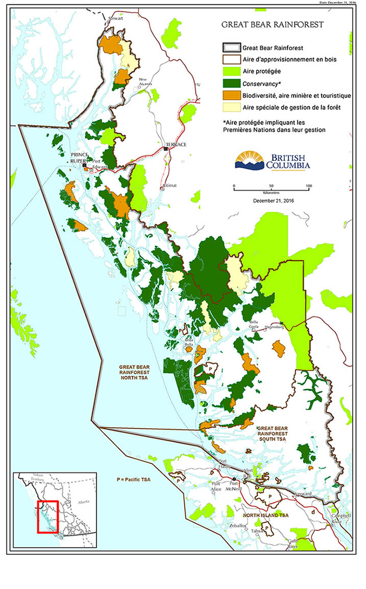 carte de la Great Bear Rainforest montrant une vision utilitariste du site avec ses différents usages