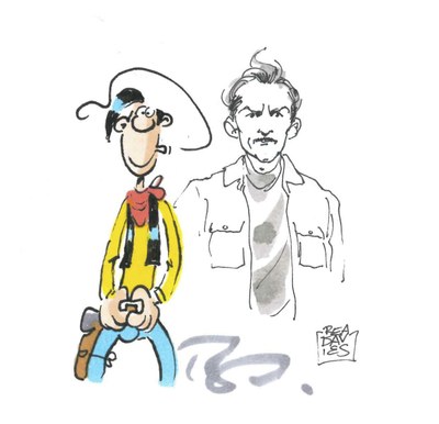 Illustration des deux auteurs, avec Lucky Luke à gauche et Gregor Gog à droite