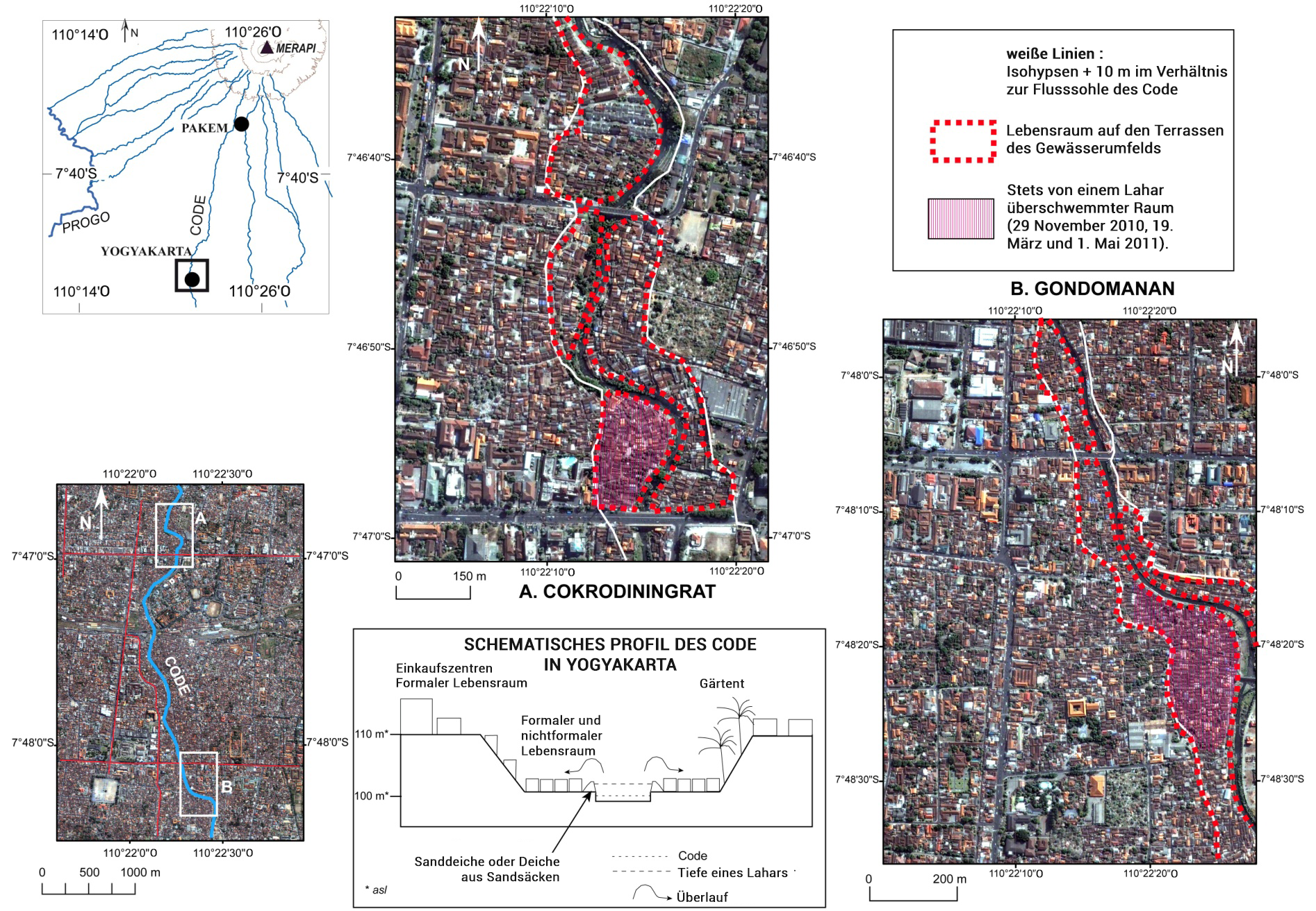 vues aériennes et schémas représentant les lahars de 2010 au centre de l'espace urbain de l'agglomération de Yogyakarta