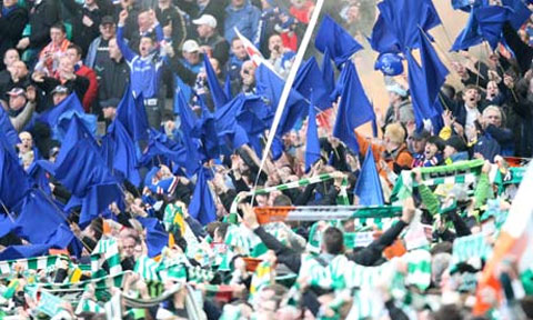 Celtic and Rangers fans taunt one another at an Old Firm game this year. Photograph: Carl Recine/Action Images