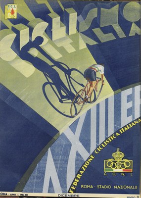 Représentation d’un cycliste en piste et en mouvement, en couverture de Ciclismo d’Italia, revue de la Fédération cycliste italienne, décembre 1934.
