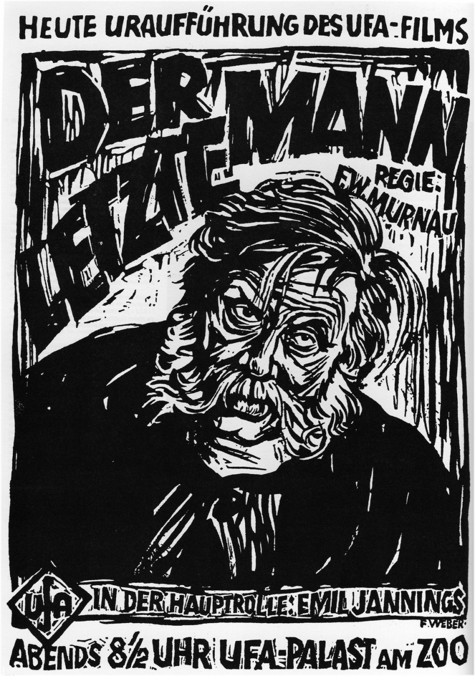 Affiche dessinée pour première du film de Murnau der letzte Mann