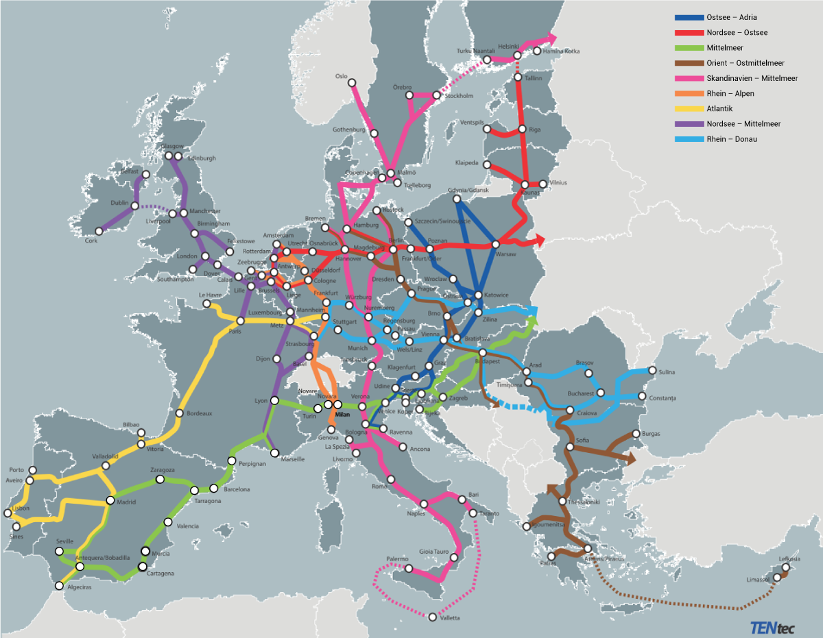 Die 9 Transportkorridore des Gesamtnetzwerks des TEN-V