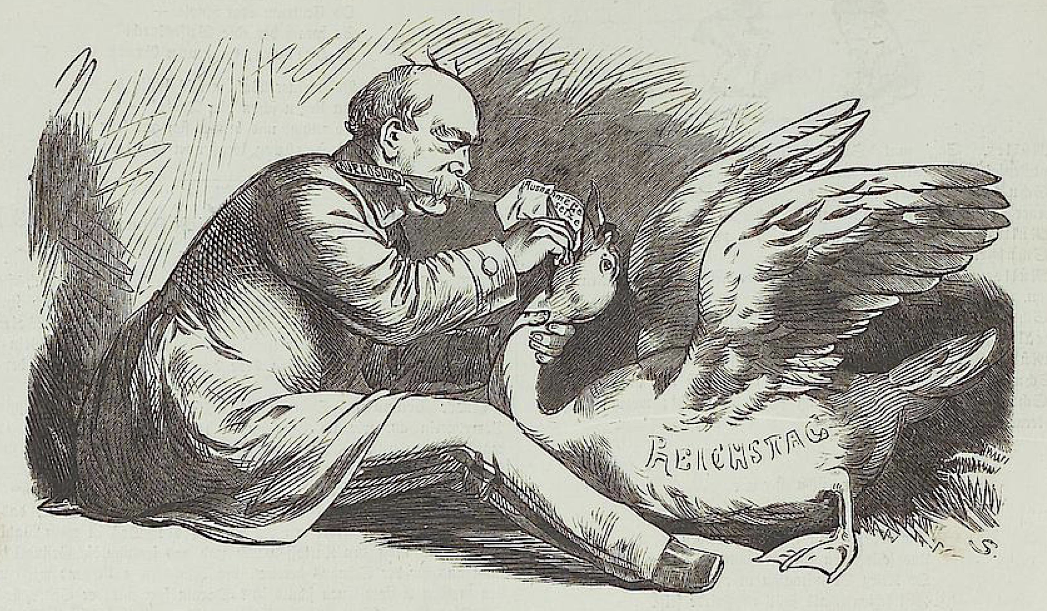 Caricature Bismarck, un couteau entre les dents, sur lequel est gravé "dissolution", gave une oie avec une feuille intitulée "lois d'exception". Cette oie porte sur le flanc la mention "Reichstag"