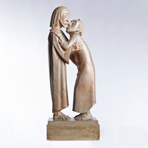 Ernst Barlach: Das Wiedersehen (Christus und Thomas). Saint Thomas relève la tête vers le Christ qu'il enlace et tend les lèvres pour l'embrasser