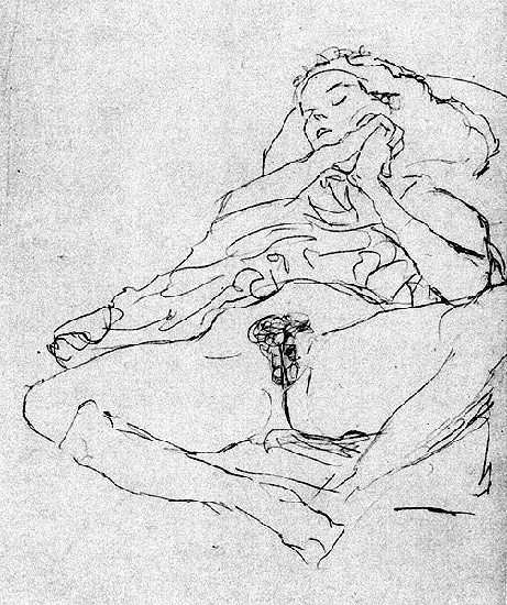 Ce dessin très simple montre une jeune fille allongée, elle ouvre les jambes et nous montre son sexe. Le haut de son corps est recouvert d'une couverture. Elle a les mains jointes et semble dormir.