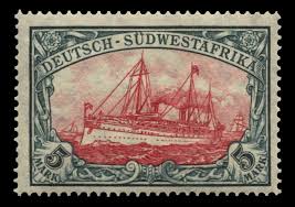 timbre représentant un navire dans les tons rouges avec légende en noir 5 Mark et texte Deutsch Südwestafrika