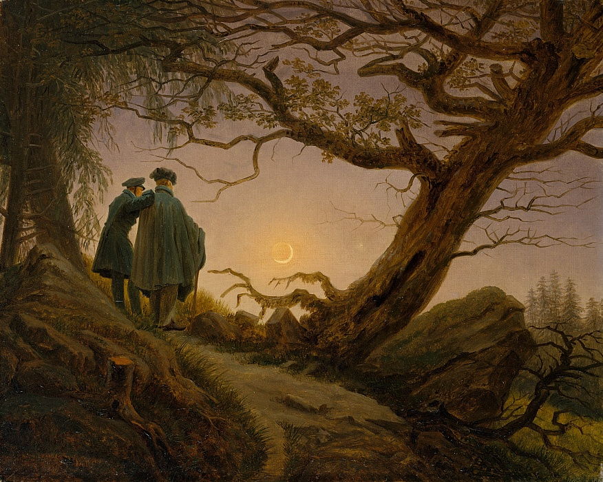Tableau du peintre romantique allemand Caspar David Friedrich. Deux hommes de dos contemple la lune, seule source de lumière au centre du tableau. Ils viennent de gravir un chemin encadré de rochers et d'arbres à demi déracinés.