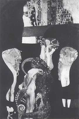 Es ist eine schwarz-weiß Fotographie von Klimts Bild. Alles ist dukel, außer drei stylisierte Frauen, die aus dem Hintergrund ragen. Sie sehen gequält aus. Im Vordergrund bückt sich ein alter, nackter Mann. Die Tentakel eines Krakens umringen ihn.