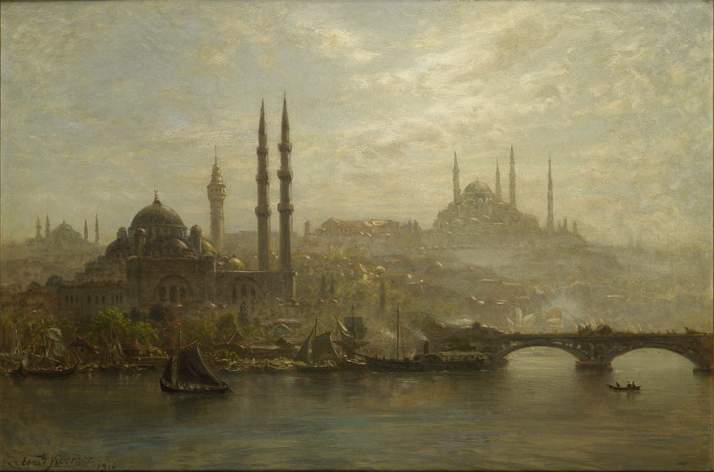 Tableau d'Ernst Koerner vue d'Istanbul tons bleus et dorés