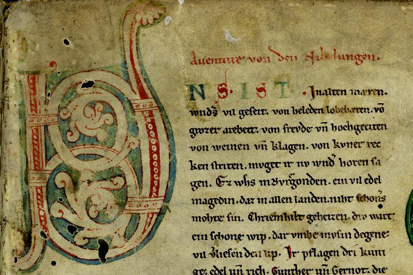 Photographie du manuscrit des Nibelungen avec enluminure
