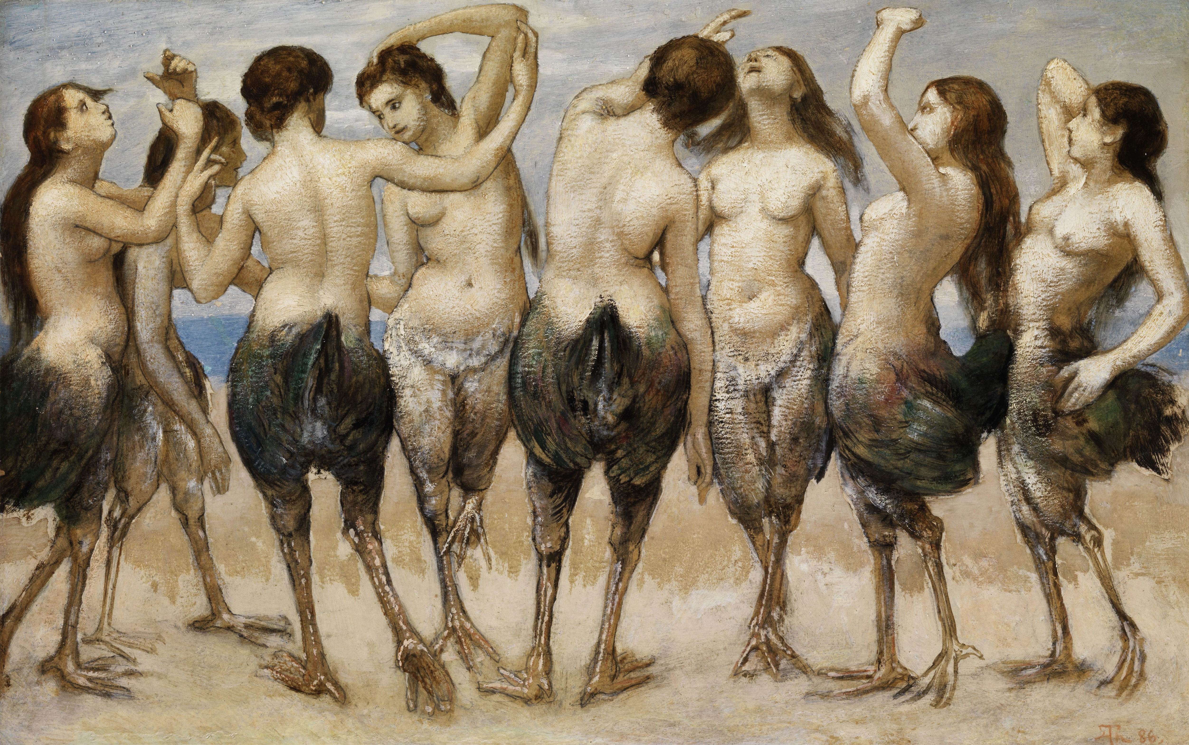 Huit femmes avec le haut du corps nu et le bas du corps d'un oiseau dansent sur le sable