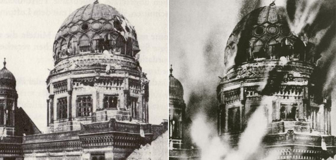 Photographie mythique de la synagogue de Berlin en flammes, devenue symbole de la nuit de cristal, alors qu'il s'agit d'une photo postérieure, retouchée