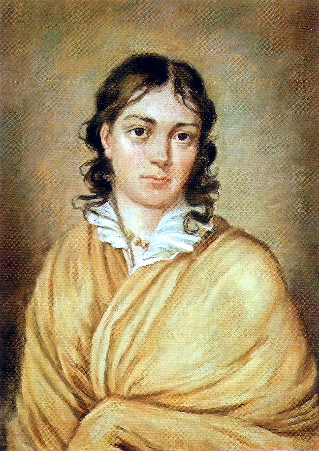 Portrait de Bettina von Arnim née Brentano, dans les tons ocre et beige. L'auteure, le haut du corps enveloppé dans un châle, les cheveux bouclés reposant librement sur ses épaules, regarde le spectateur du tableau dans les yeux.
