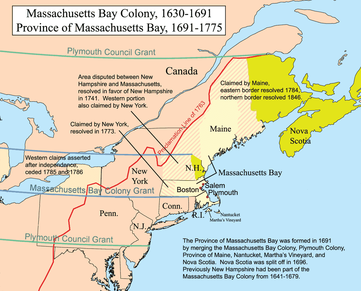 Fig 2. Carte de la colonie de Massachusetts Bay, 1630-1691. Source : Wikimedia Commons, Licence CC BY-SA 3.0 © Kmusser.
