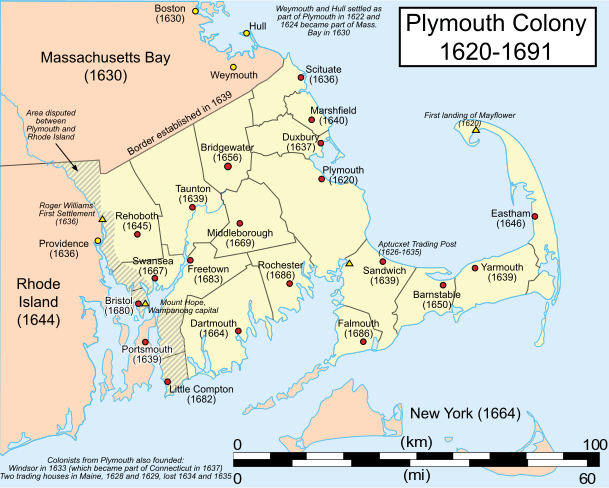 Fig 1. Carte de la colonie de Plymouth, 1620-1691. Source : Wikimedia Commons, Licence CC BY-SA 3.0 © Hoodinski.