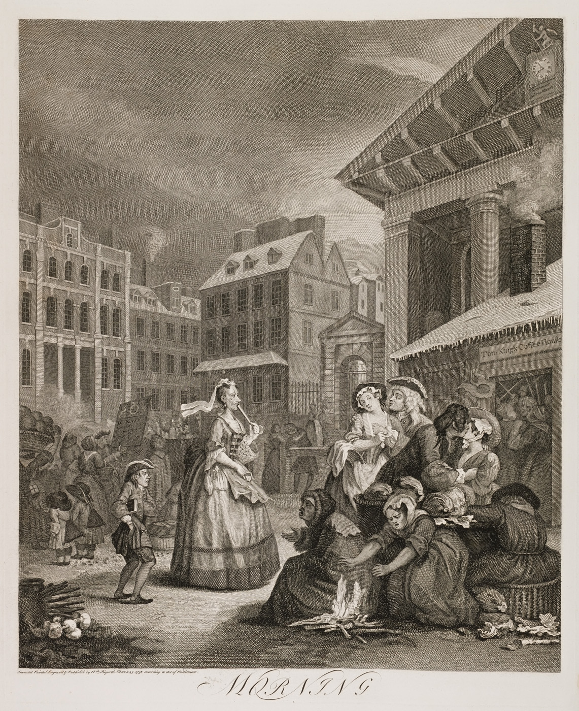 PLATE I. MORNING. The old Maiden Lady in this Plate is said to have been intended for the representative either of an intimate Friend, or a Relation of Hogarth; and it is added, that her intro- duction into the Print induced her to alter a will which had