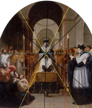 Figura 3, Estudio compositivo de La conversión de san Bruno ante el cadáver de Diocres, realizado por Maria-Victoria Bouvier Lacasa para el presente análisis. 