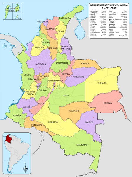 Mapa de Colombia (departamentos) in Wikimedia, licencia CC SA-BY 4.0.