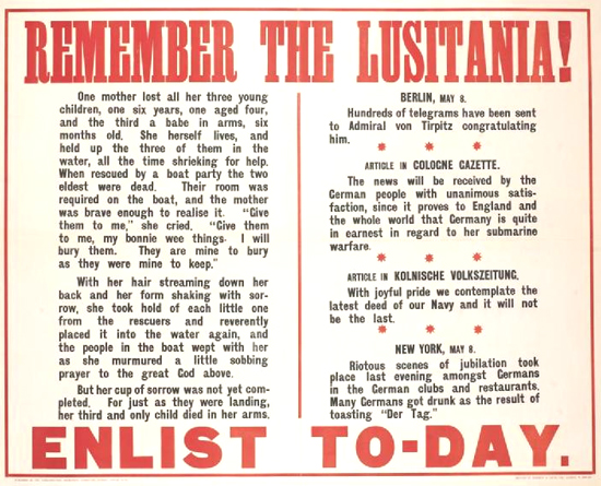 Irishmen - avenge the Lusitania. Join an Irish regiment to-day / W.E.T. ;  John Shuley & Co., Dublin.